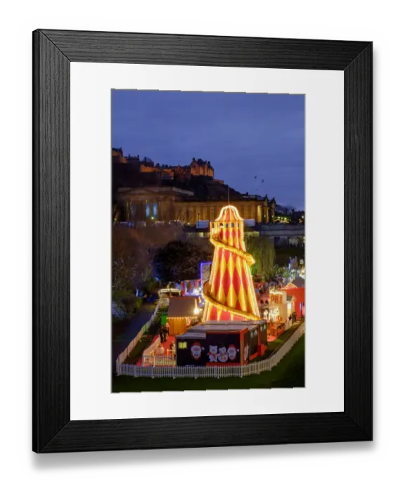 Framed Print : Scotland, Edinburgh, Princes Street Christmas Market. A traditional European Christmas Market located along Princes Street with the Scottish National Gallery and Edinburgh Castle in view