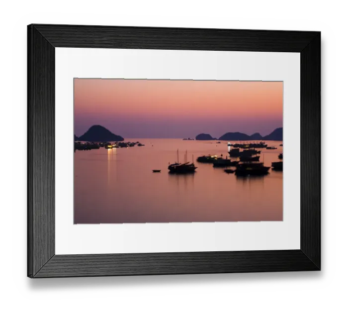 Framed Print : Vietnam, Northern Vietnam, Halong Bay. The pink sunset afterglow at dusk over Cat Ba harbour on Cat Ba