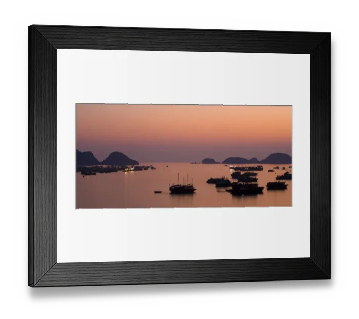 Framed Print : Vietnam, Northern Vietnam, Halong Bay. The pink sunset afterglow at dusk over Cat Ba harbour on Cat Ba Framed Print : Vietnam, Northern Vietnam, Halong Bay. The pink sunset afterglow at dusk over Cat Ba harbour on Cat Ba