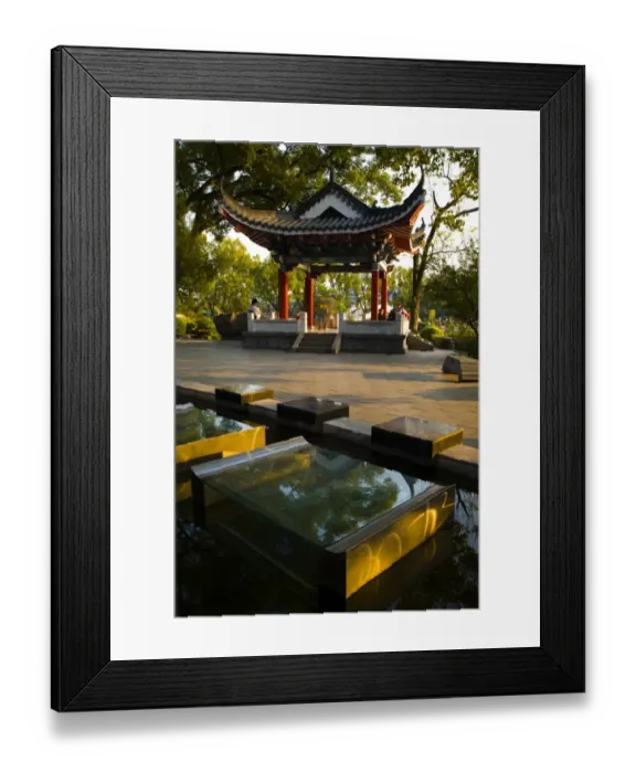 Framed Print : China, Guangxi Zhuang Autonomous Region, Guilin City. Water feature in front of a pagoda in Guilin City