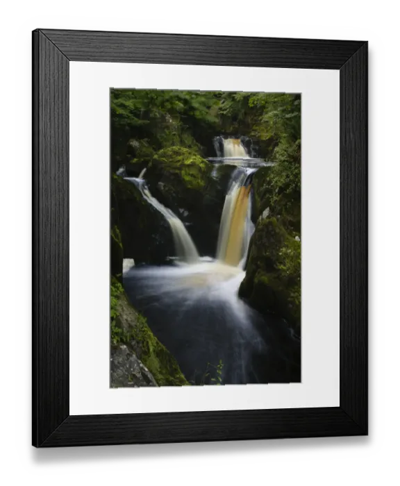 Framed Print : ENGLAND, Yorkshire, Yorkshire Dales National Park. The fast flowing Pecca twin falls waterfalls running through woodland