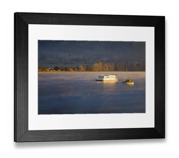 Framed Print : New Zealand, Otago, Lake Wanaka. The warm hues of sunset highlight the rising mist engulfing boats anchored on Framed Print : New Zealand, Otago, Lake Wanaka. The warm hues of sunset highlight the rising mist engulfing boats anchored on