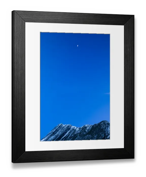 Framed Print : New Zealand, Otago, Mt Aspiring National Park. Half moon over an ice covered peak in the National Park Framed Print : New Zealand, Otago, Mt Aspiring National Park. Half moon over an ice covered peak in the National Park