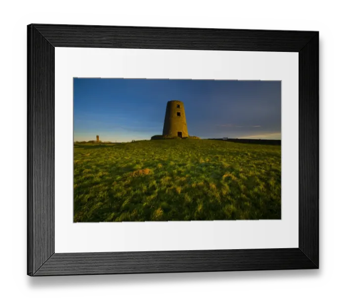 Framed Print : England, Tyne & Wear, Cleadon Hills. The rising sun spotlights the old mill in Windmill Field