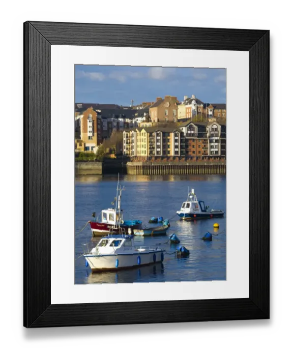Framed Print : England, Tyne & Wear, North Shields. Boats moored on the River Tyne with a complex of new apartments located on the North Shields Quayside in