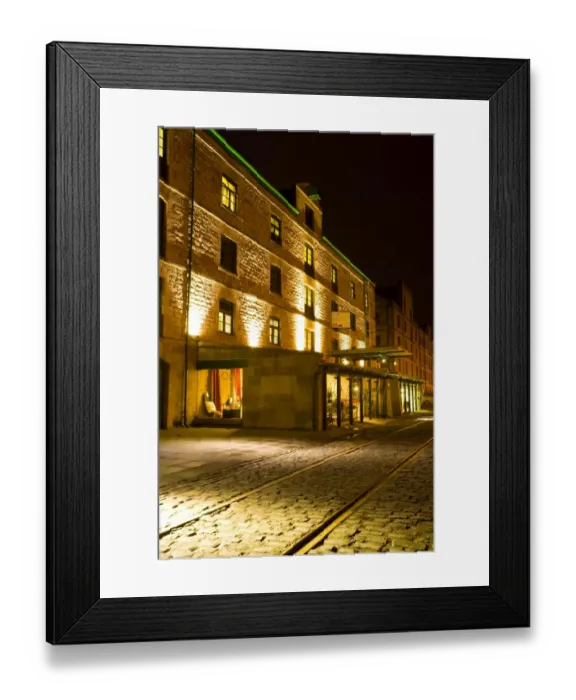Framed Print : Scotland, Edinburgh, Leith. Cobbled pedestrian walkway on the Leith Commercial Quay