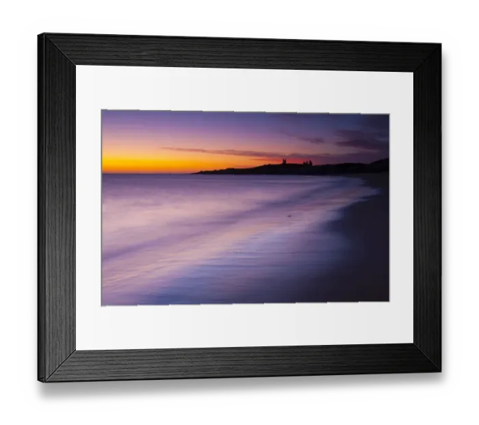 Framed Print : England, Northumberland, Embleton Bay. A colourful display of pre-dawn colours relected upon the wet sands of Embleton Bay, overlooked by the dramatic ruins of Framed Print : England, Northumberland, Embleton Bay. A colourful display of pre-dawn colours relected upon the wet sands of Embleton Bay, overlooked by the dramatic ruins of