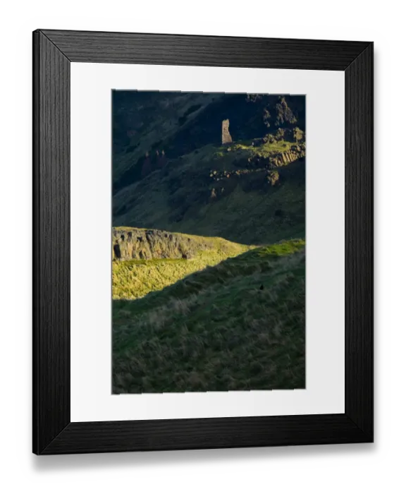 Framed Print : Scotland, Edinburgh, Holyrood Park. St Anthonys Chapel high above St Margarets Loch