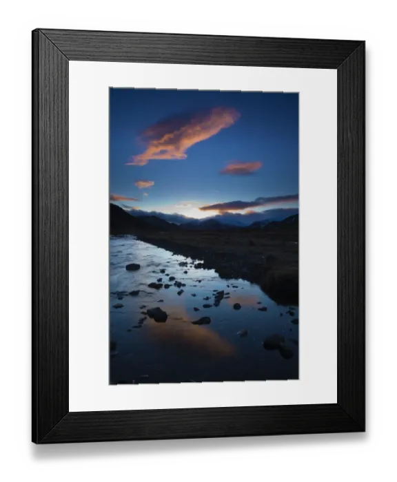 Framed Print : Scotland, Scottish Highlands, Cairngorms National Park. Clouds at sunset reflected upon the still waters of the River Calder running through Glen Banchor near Newtonmore Framed Print : Scotland, Scottish Highlands, Cairngorms National Park. Clouds at sunset reflected upon the still waters of the River Calder running through Glen Banchor near Newtonmore