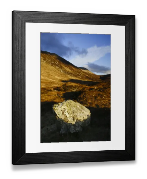 Framed Print : Scotland, Isle of Skye, Glen Sligachan. Evening light iluminates the red hues of the wild mountain landscape of Framed Print : Scotland, Isle of Skye, Glen Sligachan. Evening light iluminates the red hues of the wild mountain landscape of
