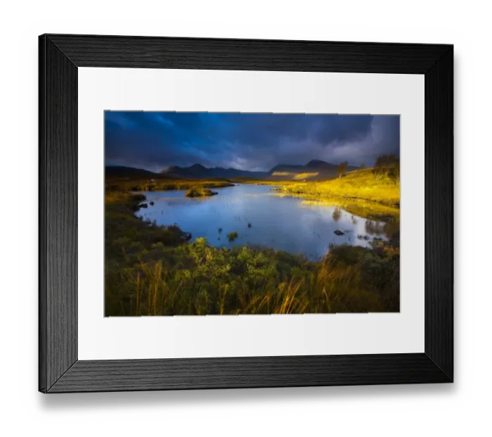 Framed Print : Scotland, Scottish Highlands, Rannoch Moor. Lochan an Stainge located on Rannoch Moor with the dominating peak of the Black Mount and surrounding mountains in Framed Print : Scotland, Scottish Highlands, Rannoch Moor. Lochan an Stainge located on Rannoch Moor with the dominating peak of the Black Mount and surrounding mountains in