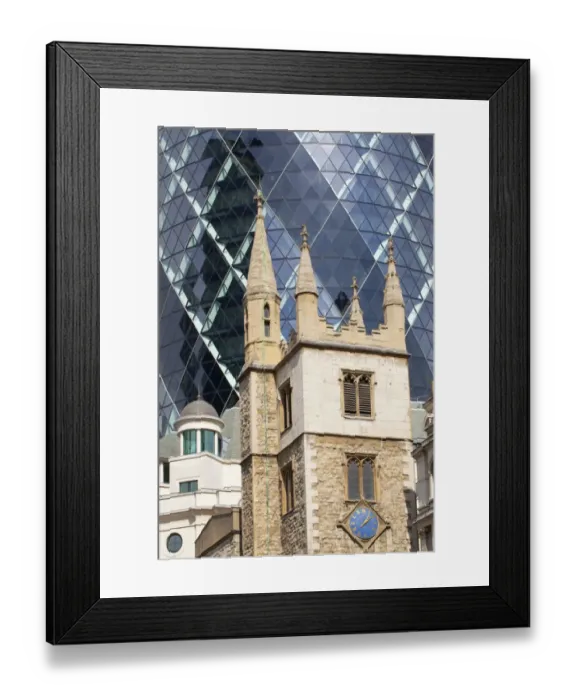 Framed Print : England, Greater London, The City of London. The contrasting architecture of the St Andrew Undershaft Church against a backdrop of the famous