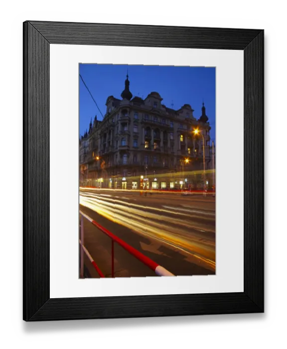 Framed Print : Czech Republic, Prague, Prague City. Cityscape scene of traffic trails at dusk through a busy street in the city