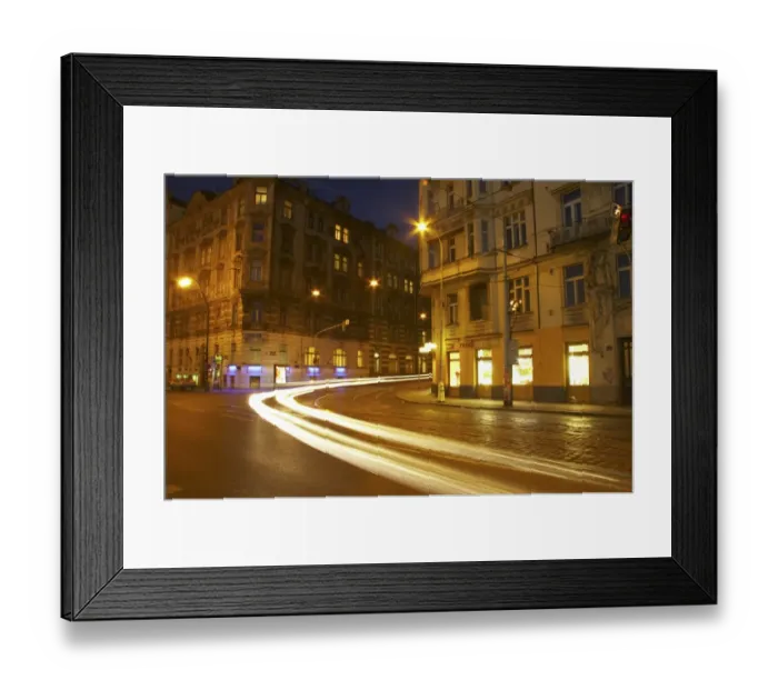 Framed Print : Czech Republic, Prague, Prague City. Cityscape scene of traffic trails at dusk through a busy street in the city