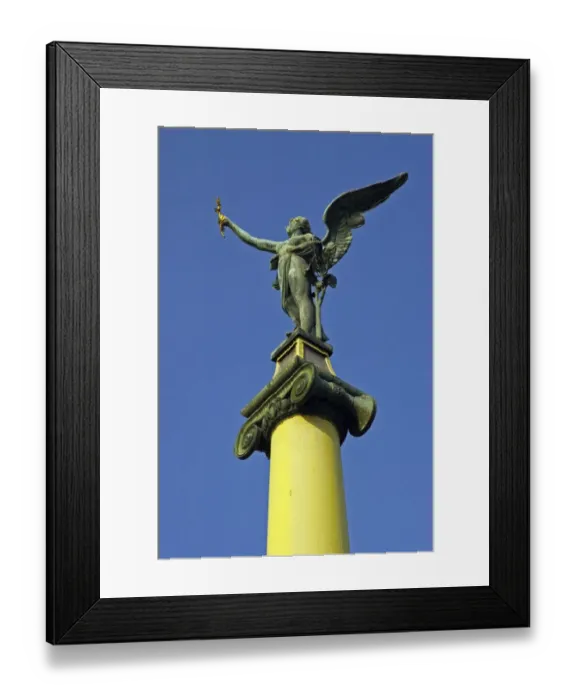 Framed Print : Czech Republic, Prague, Prague City. Art Noveau sculpture located on the Cech bridge spanning across