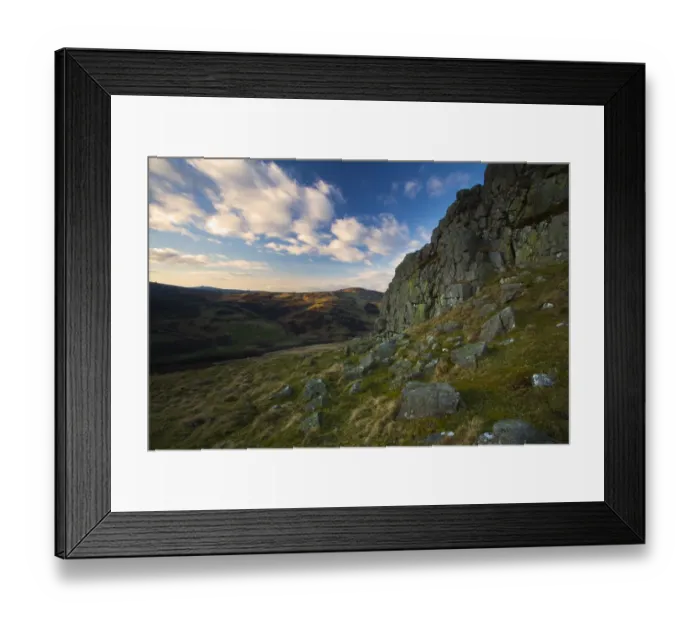 Framed Print : England, Northumberland, Harthope Valley. The Cheviot Hills and the Northumberland National Park viewed from Housey Crags above Framed Print : England, Northumberland, Harthope Valley. The Cheviot Hills and the Northumberland National Park viewed from Housey Crags above