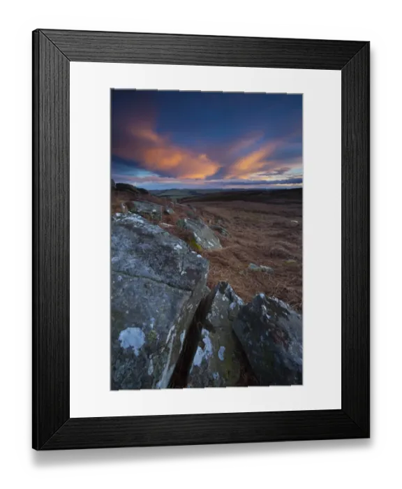 Framed Print : England, Northumberland, Northumberland National Park. Sunset above Caudhole Moss