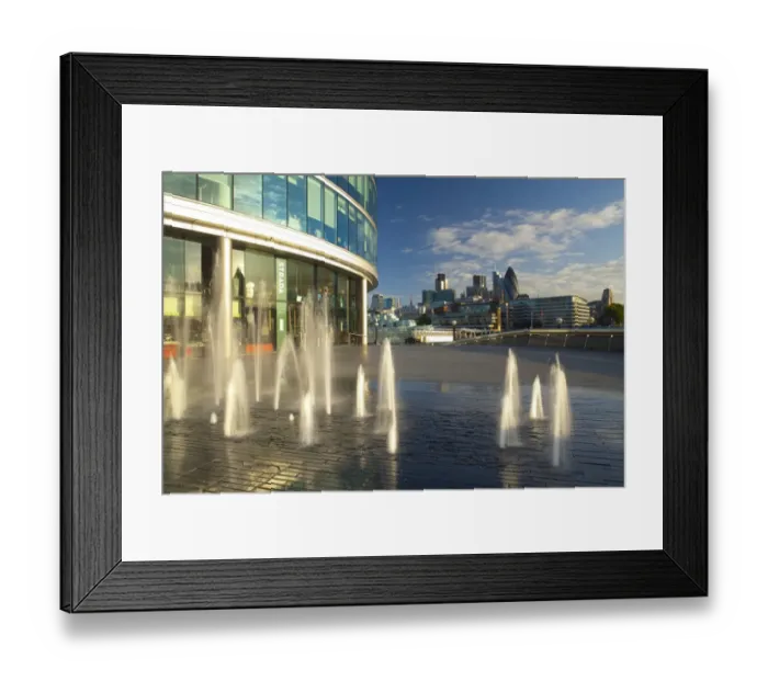 Framed Print : England, London, Southwark. Water fountains near the London City Hall and the More London develpoment, looking towards the financial district of the City of London