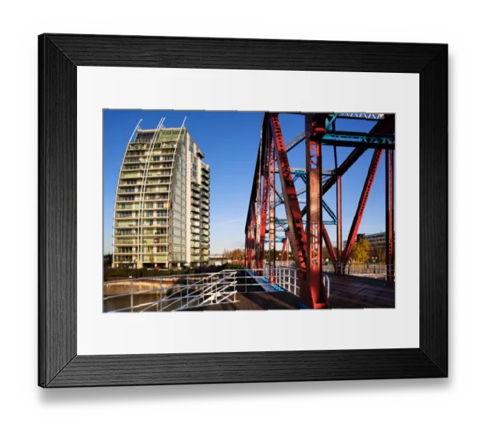 Framed Print : England, Greater Manchester, Salford Quays. NV apartments and Detroit Bridge located along the Manchester Ship Canal