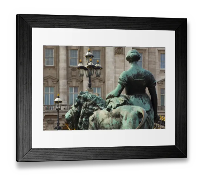 Framed Print : England, Greater London, City of Westminster. Bronze statue on the Victoria Memorial in Queens Garden, looking towards Buckingham Palace in