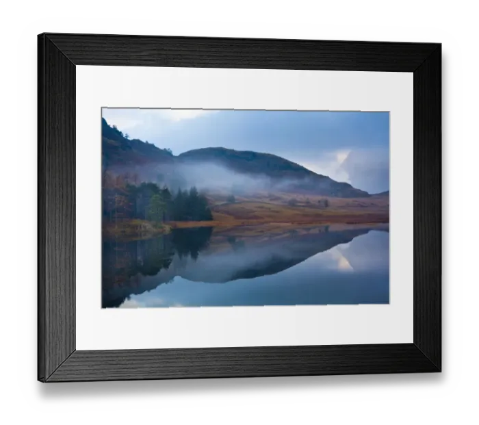 Framed Print : England, Cumbria, The Lake District. A misty dawn at Blea Tarn near Great Langdale