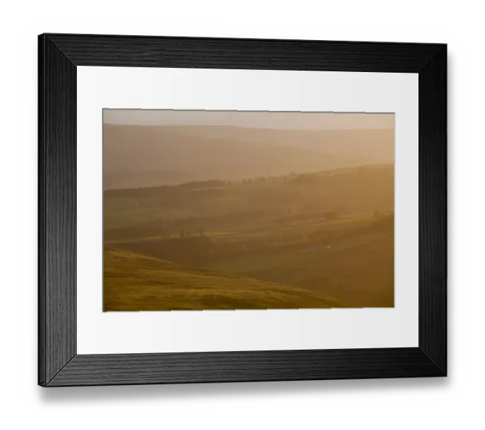 Framed Print : England, County Durham, Weardale. Hazy sunset over the hills of the Northern Pennines