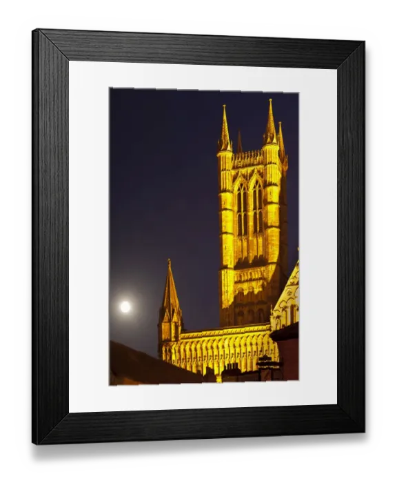 Framed Print : England, Lincolnshire, Lincoln. Full moon behind Lincoln Cathedral in the historic UK city of Lincoln