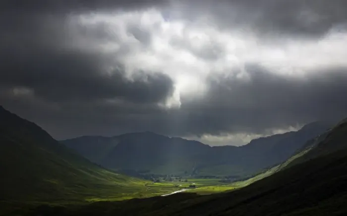 Framed Print : ENGLAND, Cumbria, Lake District National Park. A break in the storm clouds illuminates