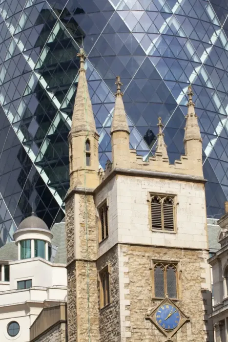 Framed Print : England, Greater London, The City of London. The contrasting architecture of the St Andrew Undershaft Church against a backdrop of the famous