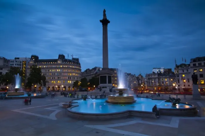 Framed Print : England, Greater London, City of Westminster. Nelsons Column and nearby fountains in Trafalgar Square, a popular tourist destination in London, photographed