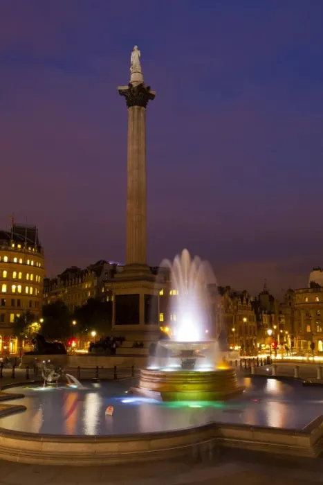 Framed Print : England, Greater London, City of Westminster. Nelsons Column and nearby fountains in Trafalgar Square, a popular tourist destination in London, photographed