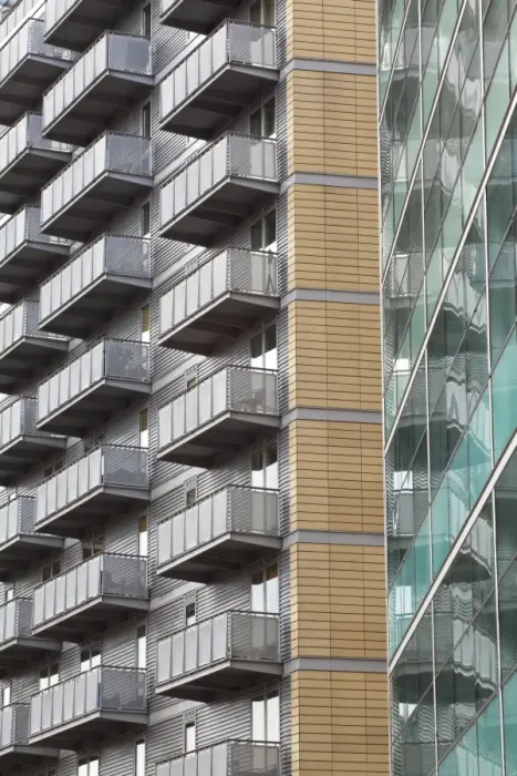Framed Print : England, Greater Manchester, Manchester. Detail shot of the Bridge apartments on the banks of the River Irwell near