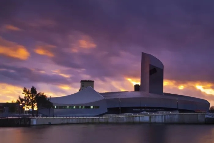 Framed Print : England, Greater Manchester, Salford Quays. Sunset behind the Imperial War Museum North
