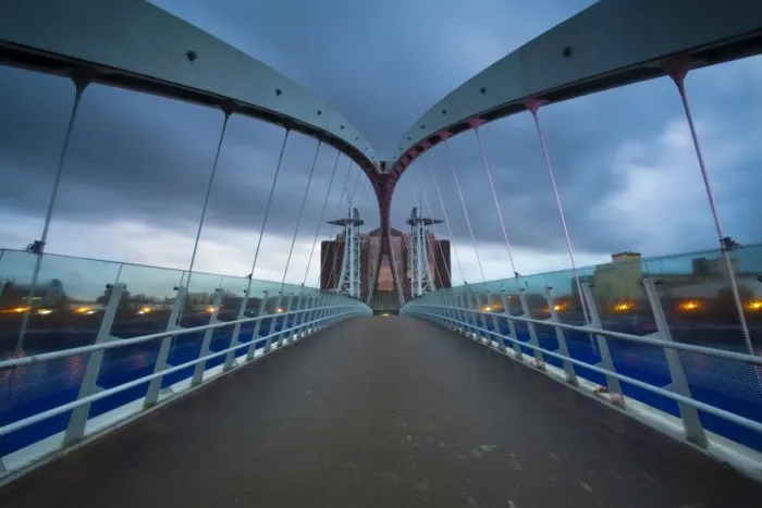 Framed Print : England, Greater Manchester, Salford Quays. The Lowry Bridge at dusk, located on the Salford Quays in the city of Salford near Manchester