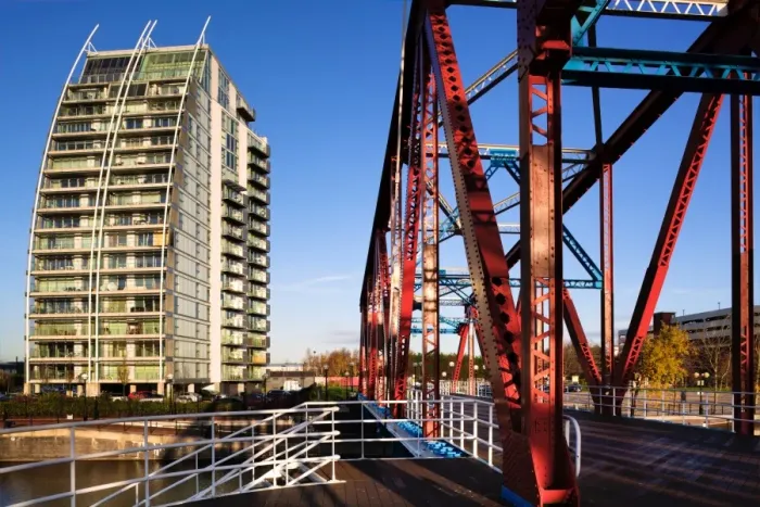 Framed Print : England, Greater Manchester, Salford Quays. NV apartments and Detroit Bridge located along the Manchester Ship Canal