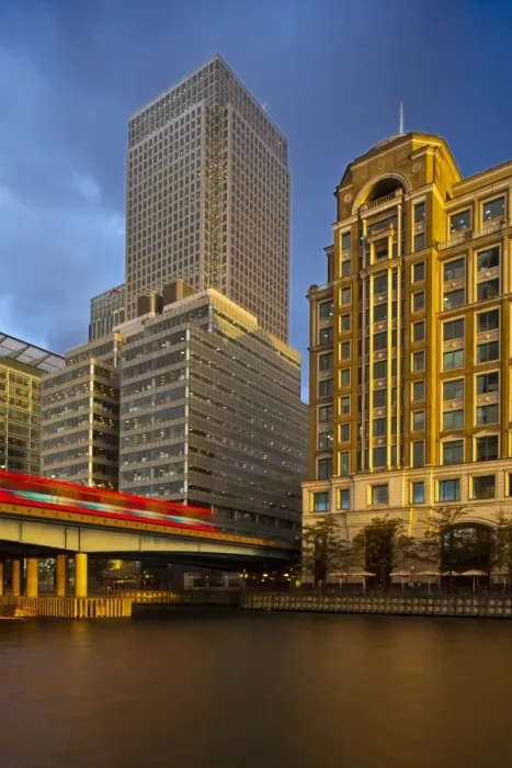 Framed Print : England, London, Docklands, West India Quay. One Canada Square, one of the UKs tallest buildings behind West India Quay, in the heart of
