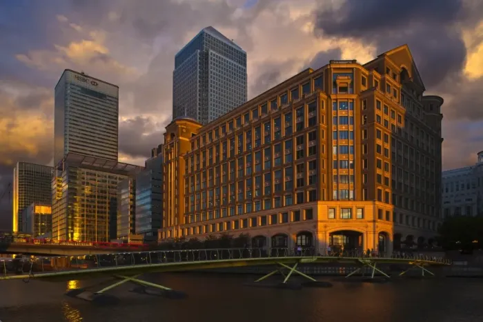 Framed Print : England, London, Docklands, West India Quay. One Canada Square, on the UKs tallest buildings behind West India Quay, in the heart of