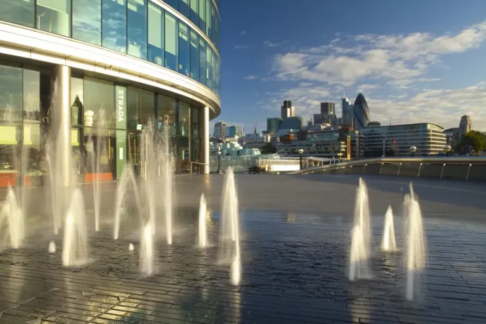 Framed Print : England, London, Southwark. Water fountains near the London City Hall and the More London develpoment, looking towards the financial district of the City of London