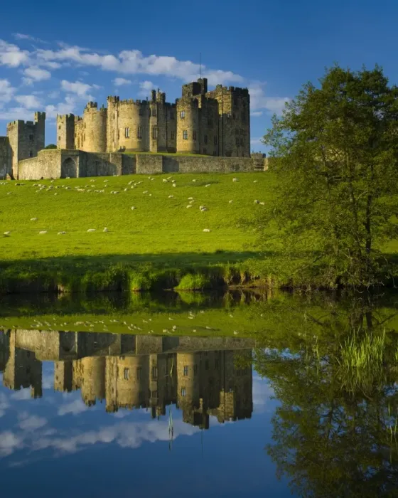 Framed Print : England, Northumberland, Alnwick. Alnwick Castle reflected in the still waters of the River Aln
