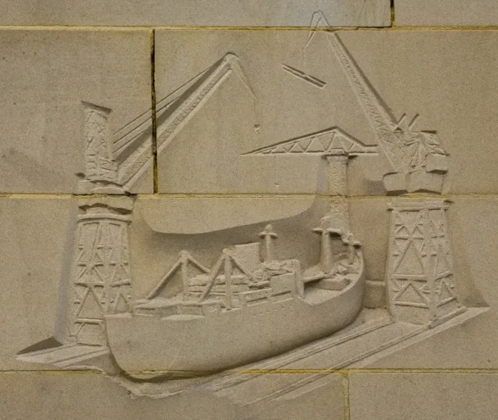 Framed Print : England, Tyne and Wear, Newcastle Upon Tyne. Carving on the reconstructed city wall near the quayside heralding the ship building heydays of Newcastle