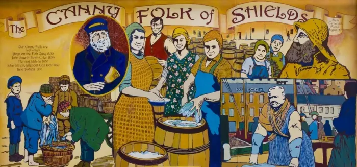 Framed Print : England, Tyne & Wear, North Shields. Painting on a building in North Shields depicting characters from the history of