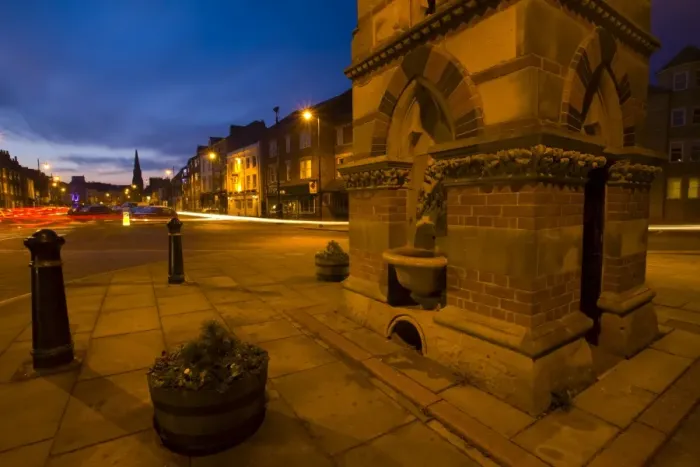 Framed Print : England, Tyne and Wear, Tynemouth. Tynemouth Front street at dusk