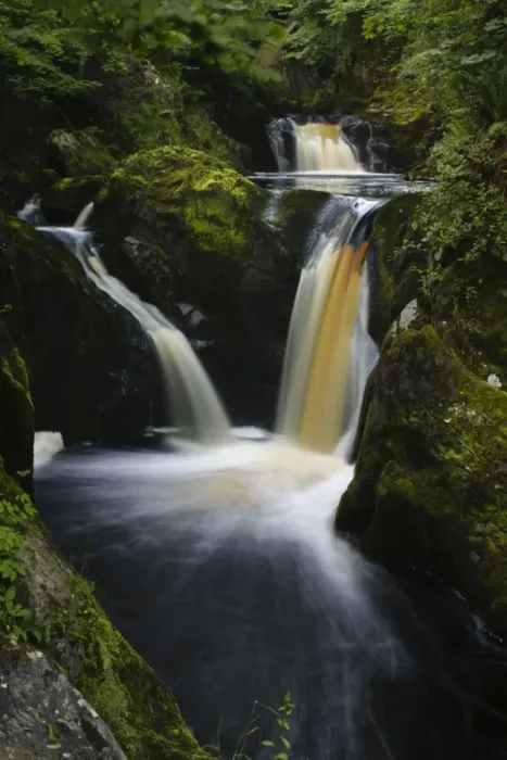 Framed Print : ENGLAND, Yorkshire, Yorkshire Dales National Park. The fast flowing Pecca twin falls waterfalls running through woodland