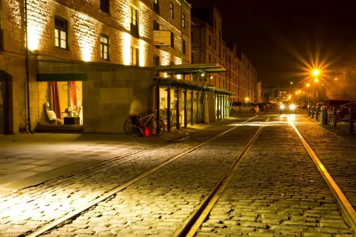 Framed Print : Scotland, Edinburgh, Leith. Cobbled pedestrian walkway on the Leith Commercial Quay