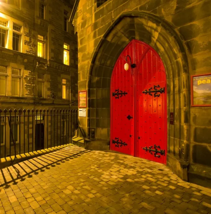 Framed Print : Scotland, Edinburgh, Old Town. Courtyard and doorway of the St. Columbas Church