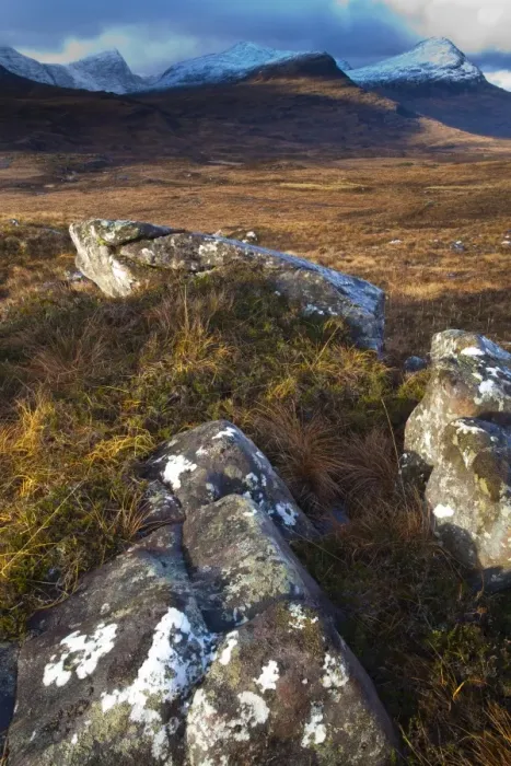 Framed Print : Scotland, Scottish Highlands, Assynt. Looking towards the Coigach Mountain range from moorland above Framed Print : Scotland, Scottish Highlands, Assynt. Looking towards the Coigach Mountain range from moorland above