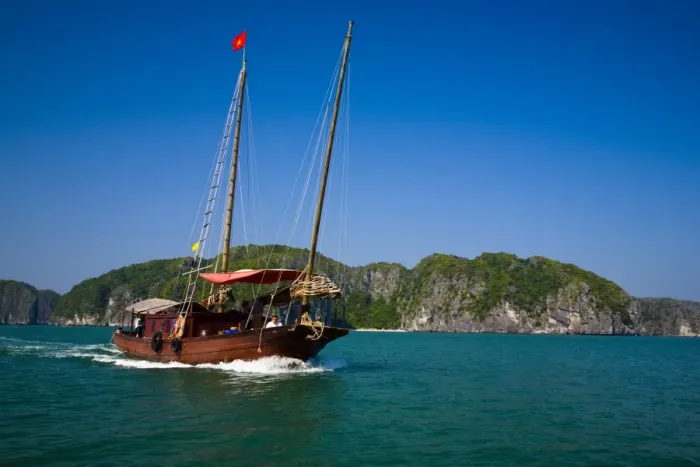 Framed Print : Vietnam, Northern Vietnam, Halong Bay. Tourist boat amid the islands of Halong Bay near Cat Ba Island Framed Print : Vietnam, Northern Vietnam, Halong Bay. Tourist boat amid the islands of Halong Bay near Cat Ba Island