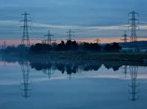 Northern County Prints: England, Tyne & Wear, Newburn. Electricity pylons distribute electricity across the River Tyne from Ryton