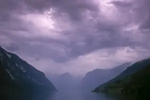 NORWAY Sogn Og Fjordane Aurlandsfjorden A storm brews over the aurlandsfjorden fjord near flam