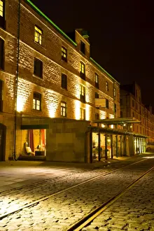 Scotland, Edinburgh, Leith. Cobbled pedestrian walkway on the Leith Commercial Quay